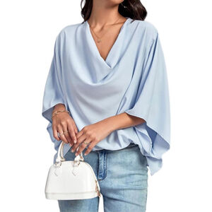 NEW Draped Cowl Neck Blue 3/4 Sleeve Blouse XL